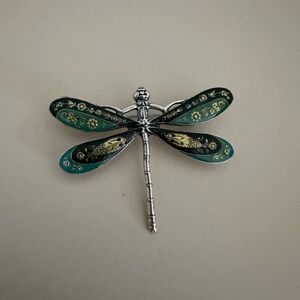 Elegant Silver and Green Dragonfly Brooch